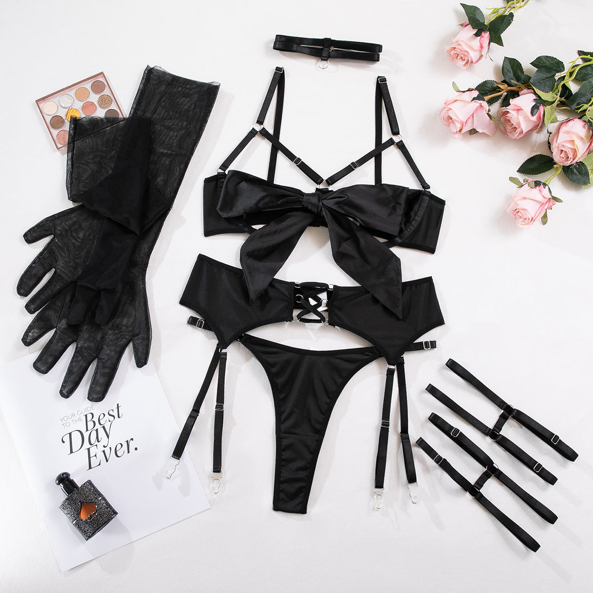 Sexy underwear bundled with hollow long gloves six-piece set