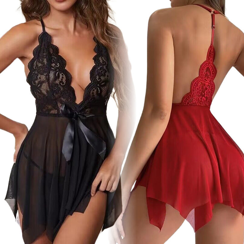 Sexy lingerie mesh suspenders deep V backless pajamas