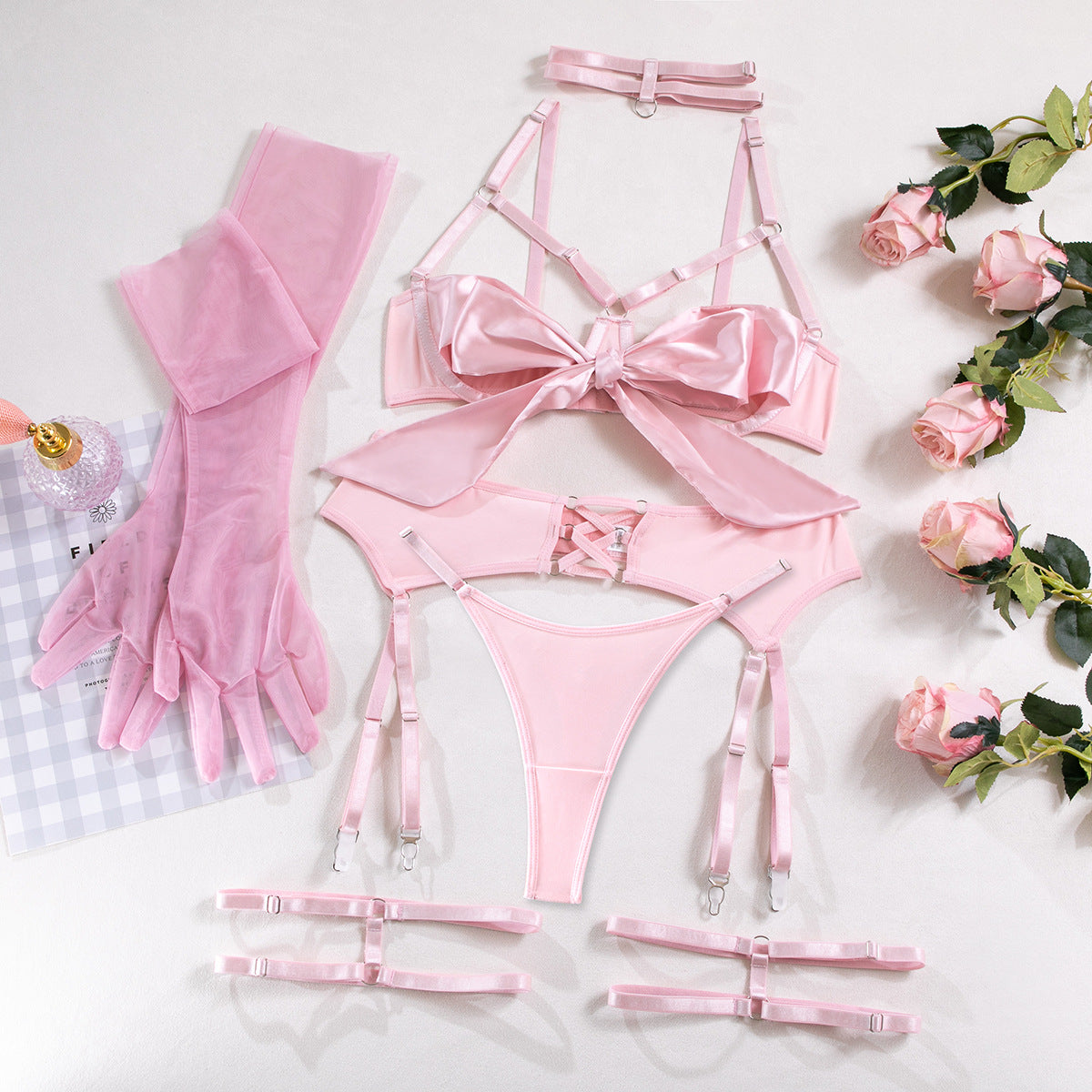 Sexy underwear bundled with hollow long gloves six-piece set