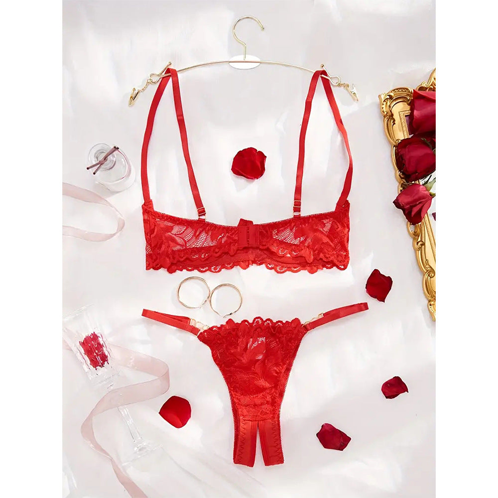 Sexy temptation large size erotic underwear set, bare bra open thong two-piece set