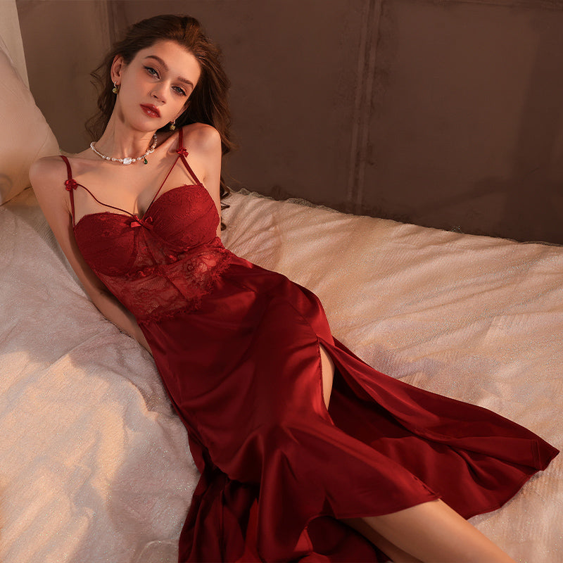 Sexy Pajamas French Satin Suspender Slit Lace Nightgown